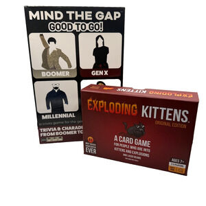 Lot 2 NEW Party Games Exploding Kittens & Mind The Gap Travel Trivia Sealed